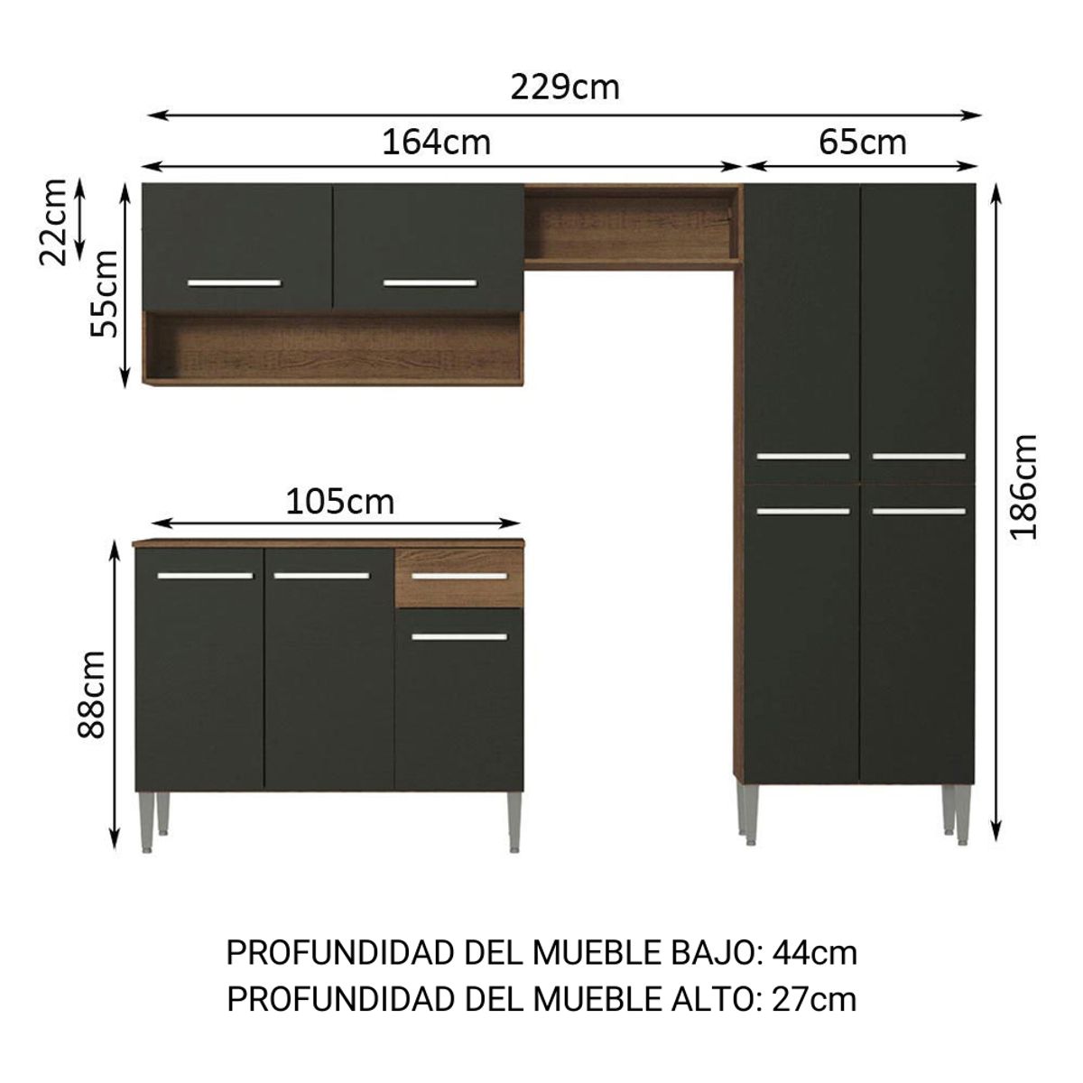 MADESA - Cocina Integral Emilly Pop 2.30 Metros con Mesón de MDP Marrón/Negro