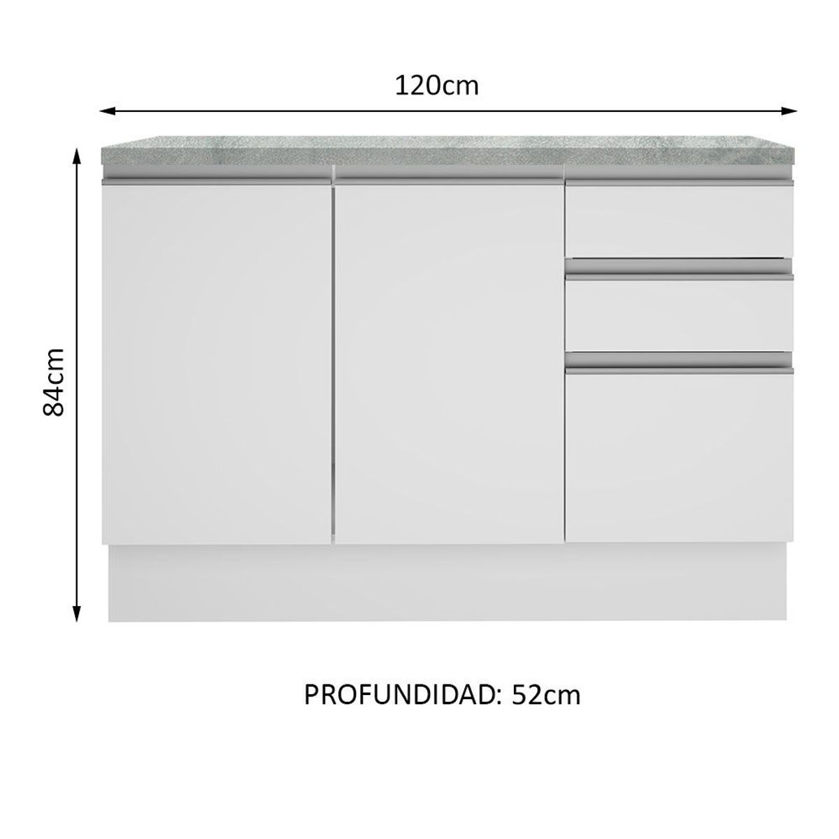 MADESA - Mueble de Cocina Bajo Glamy 1.20 m 2 Puertas 3 Cajones con Encimera Blanco