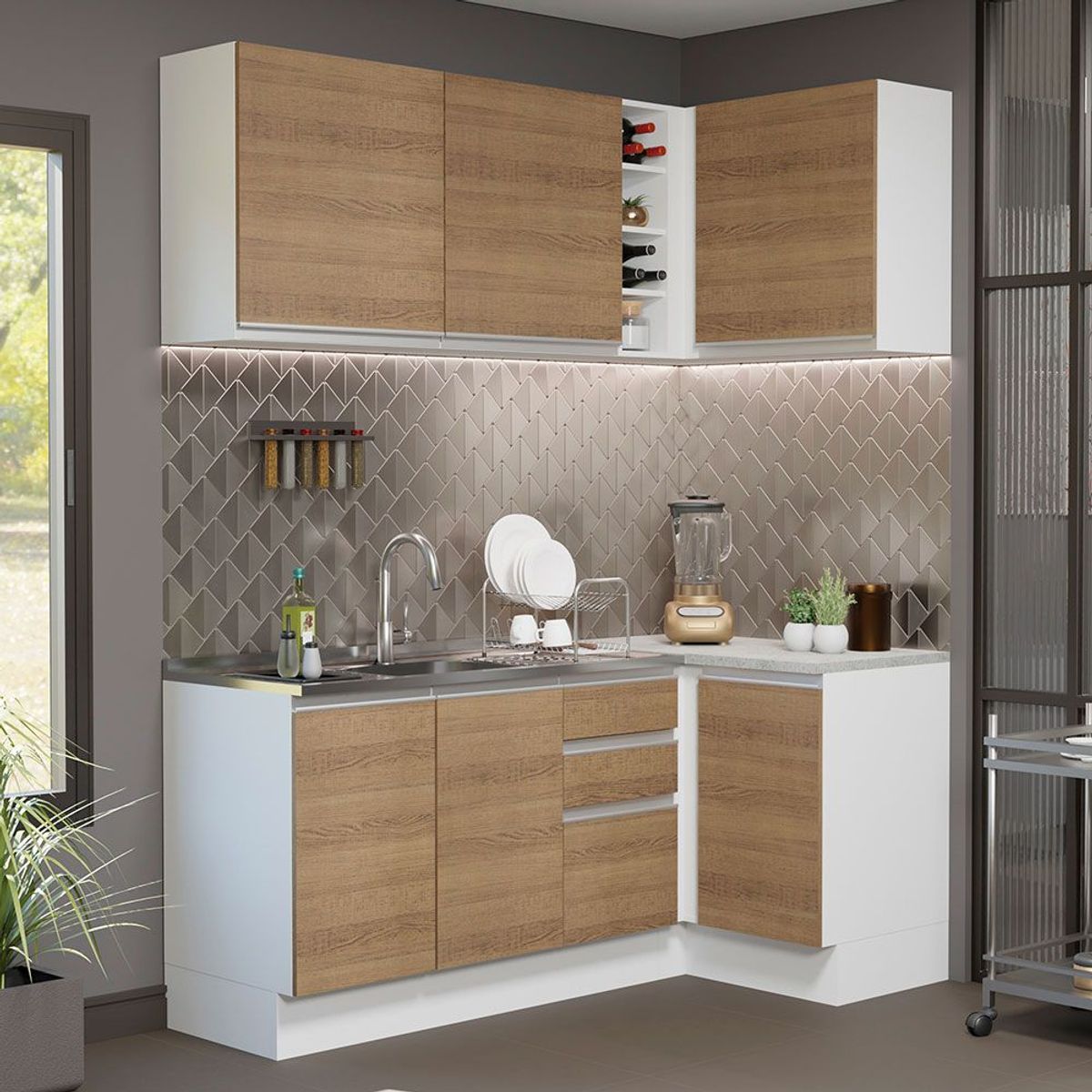 MADESA - Cocina Integral de Esquina Glamy 2.70 m Blanco/Marrón 01