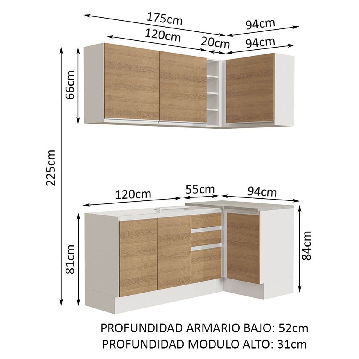 MADESA - Cocina Integral de Esquina Glamy 2.70 m Blanco/Marrón 01