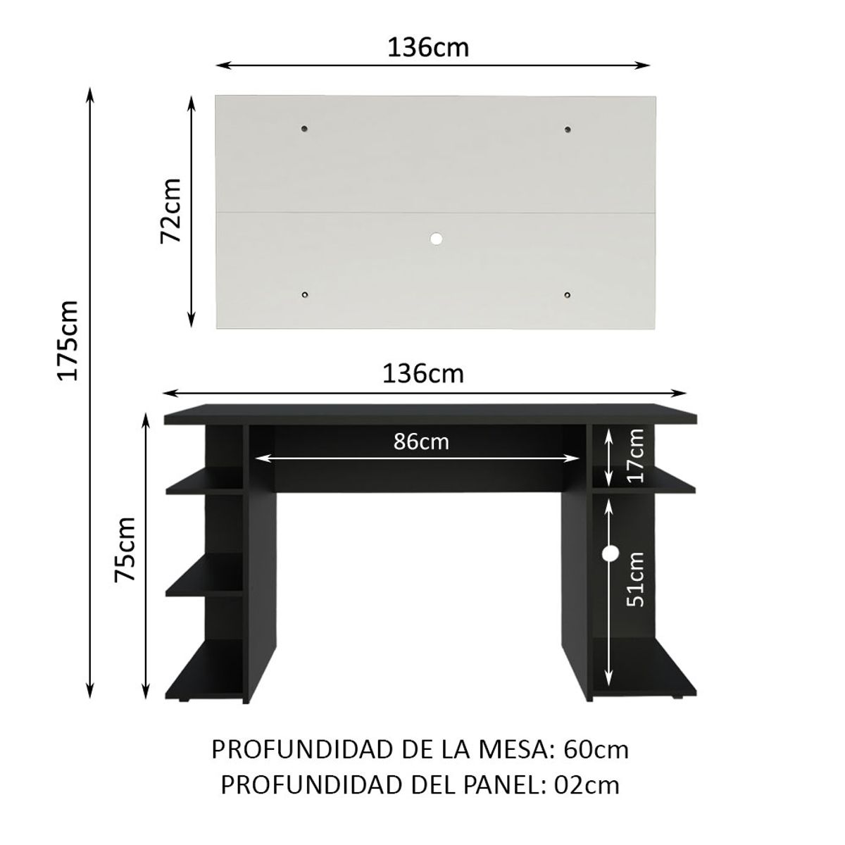 MADESA - Escritorio Gamer Moderno + Panel para TV Hasta 50 Pulgadas
