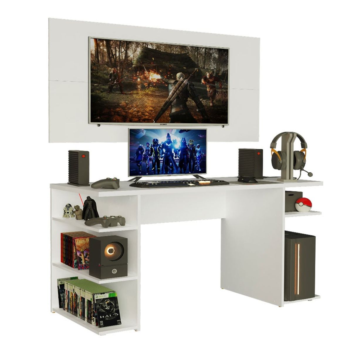 MADESA - Escritorio Gamer Moderno + Panel para TV Hasta 50 Pulgadas