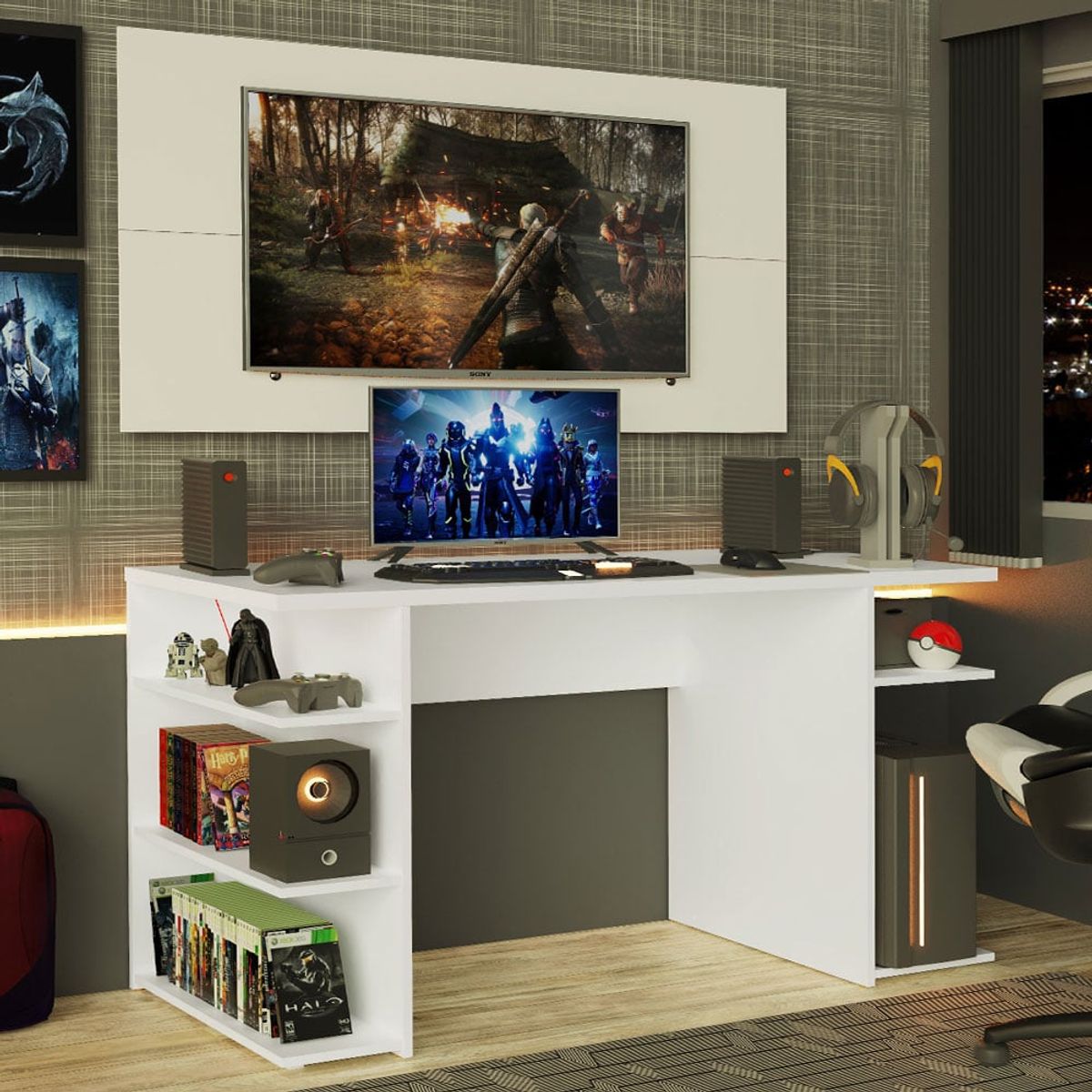 MADESA - Escritorio Gamer Moderno + Panel para TV Hasta 50 Pulgadas