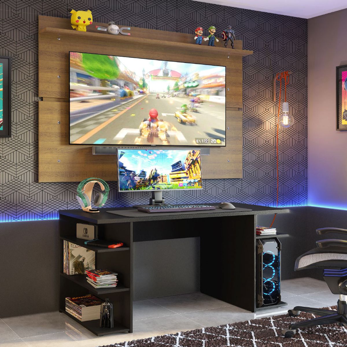 MADESA - Escritorio Gamer Moderno + Panel para TV Hasta 65 Pulgadas