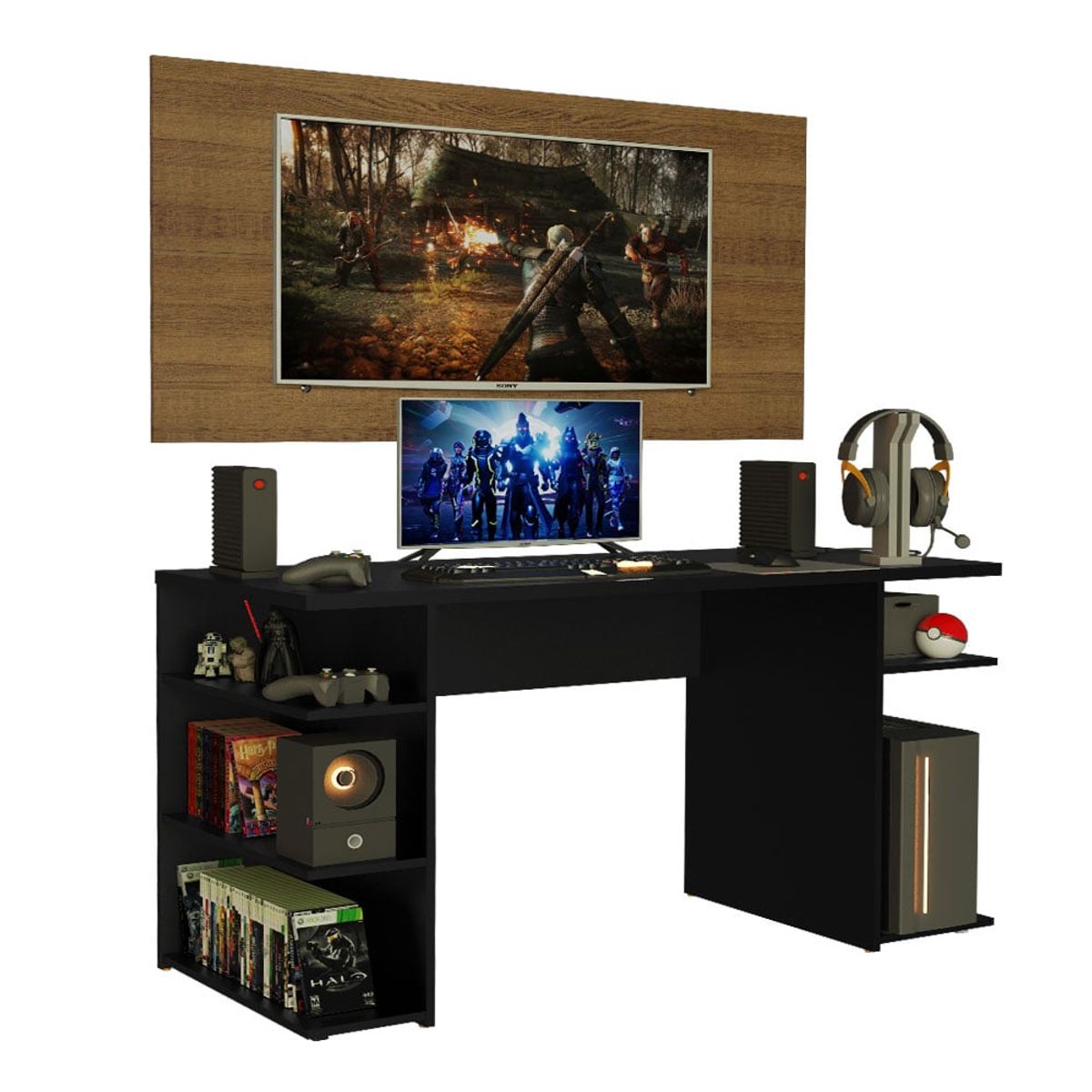 MADESA - Escritorio Gamer Moderno + Panel para TV Hasta 50 Pulgadas
