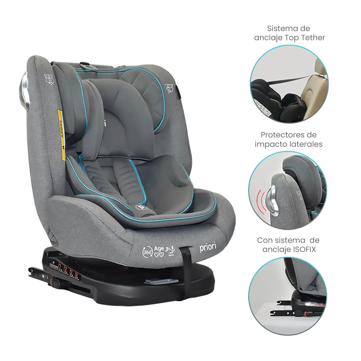 PRIORI - Silla Carro Bebe First Plus 360 º ISOFIX Priori Gris Celeste