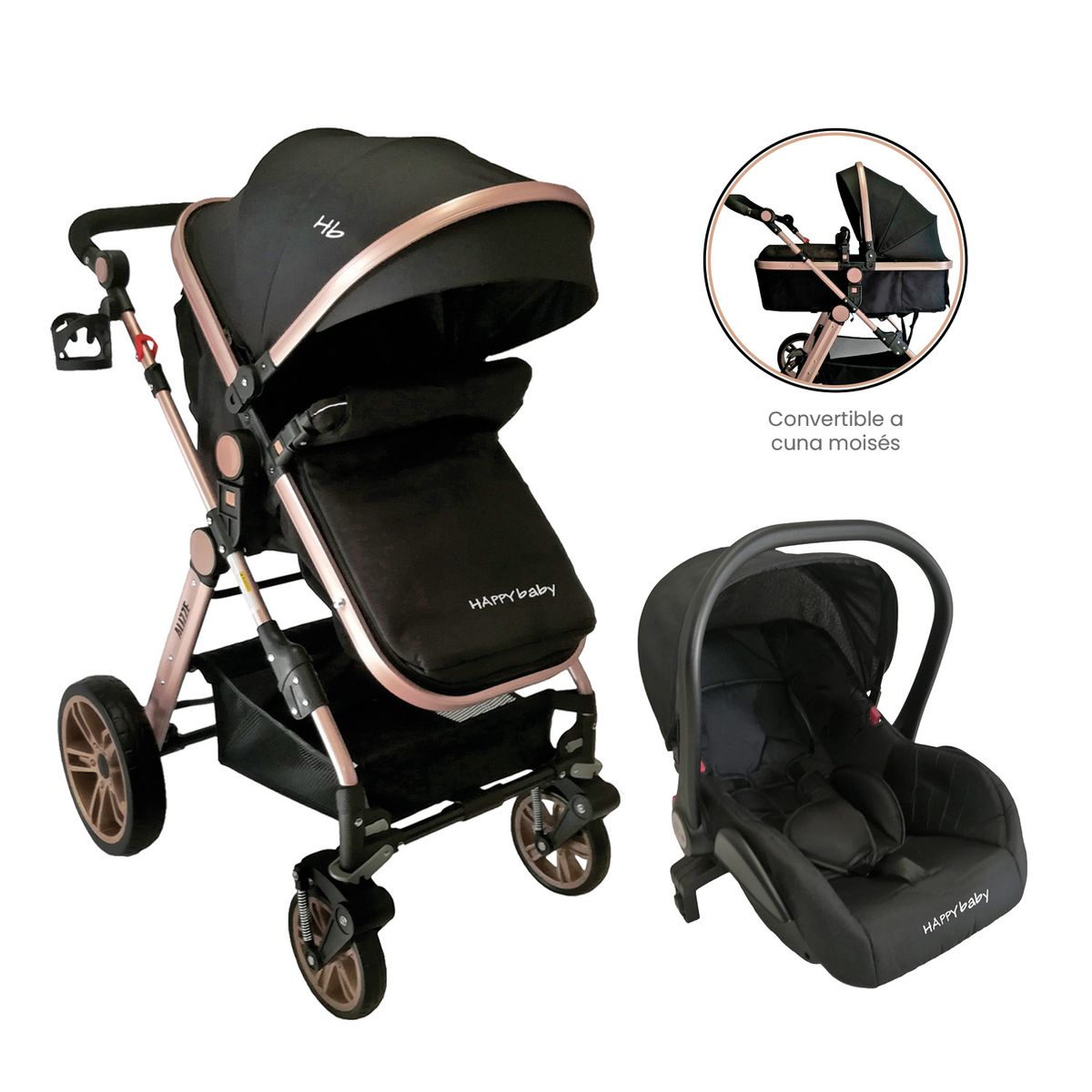 HAPPY BABY - Coche Bebe Moises Alizze Happy Baby Negro con Portabebe