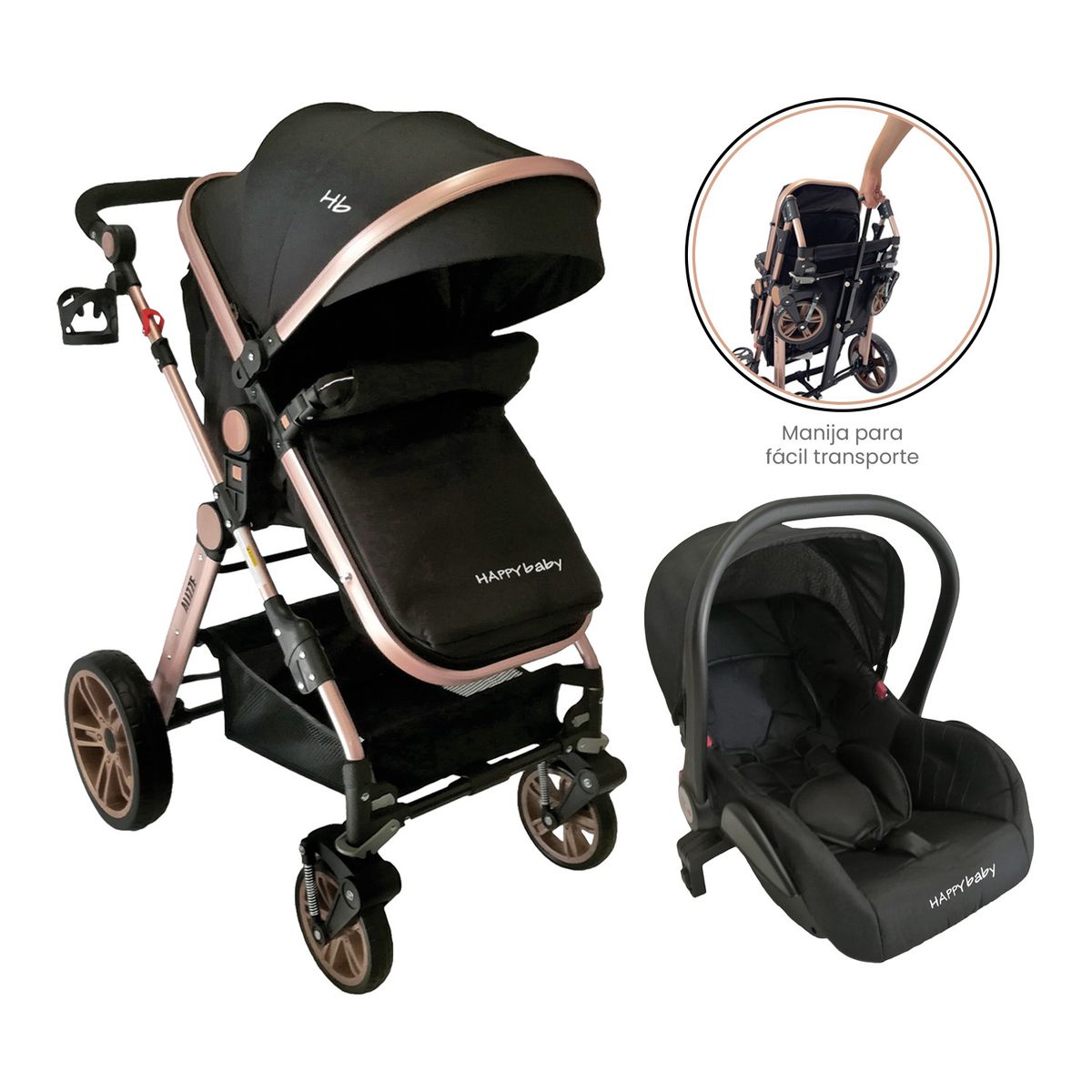 HAPPY BABY - Coche Bebe Moises Alizze Happy Baby Negro con Portabebe