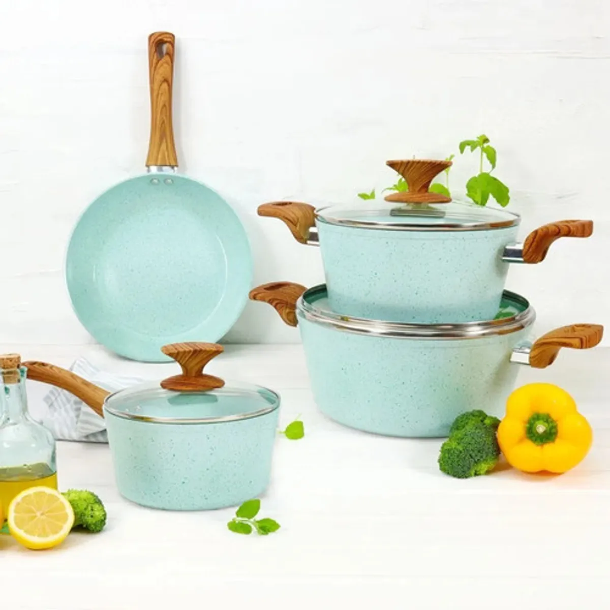 ILKO - Batería Cerámica 7 Piezas Ilko Granito Menta Antiadherente