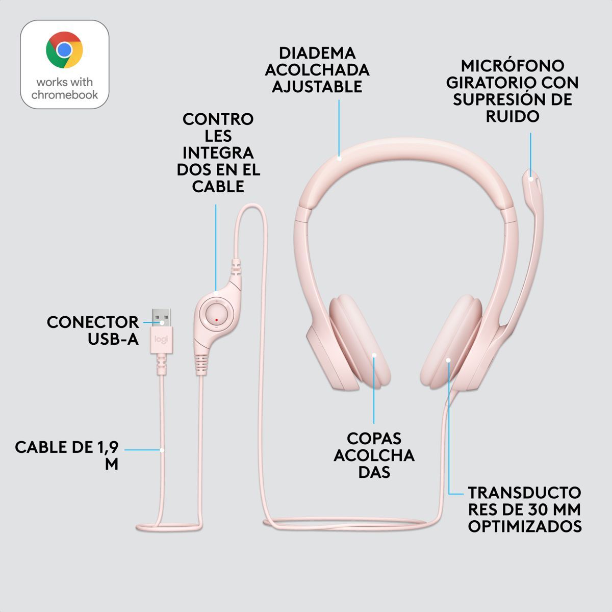 LOGITECH - Diadema Usb Logitech H390 Mic Sin Ruido Y Controles Rosado