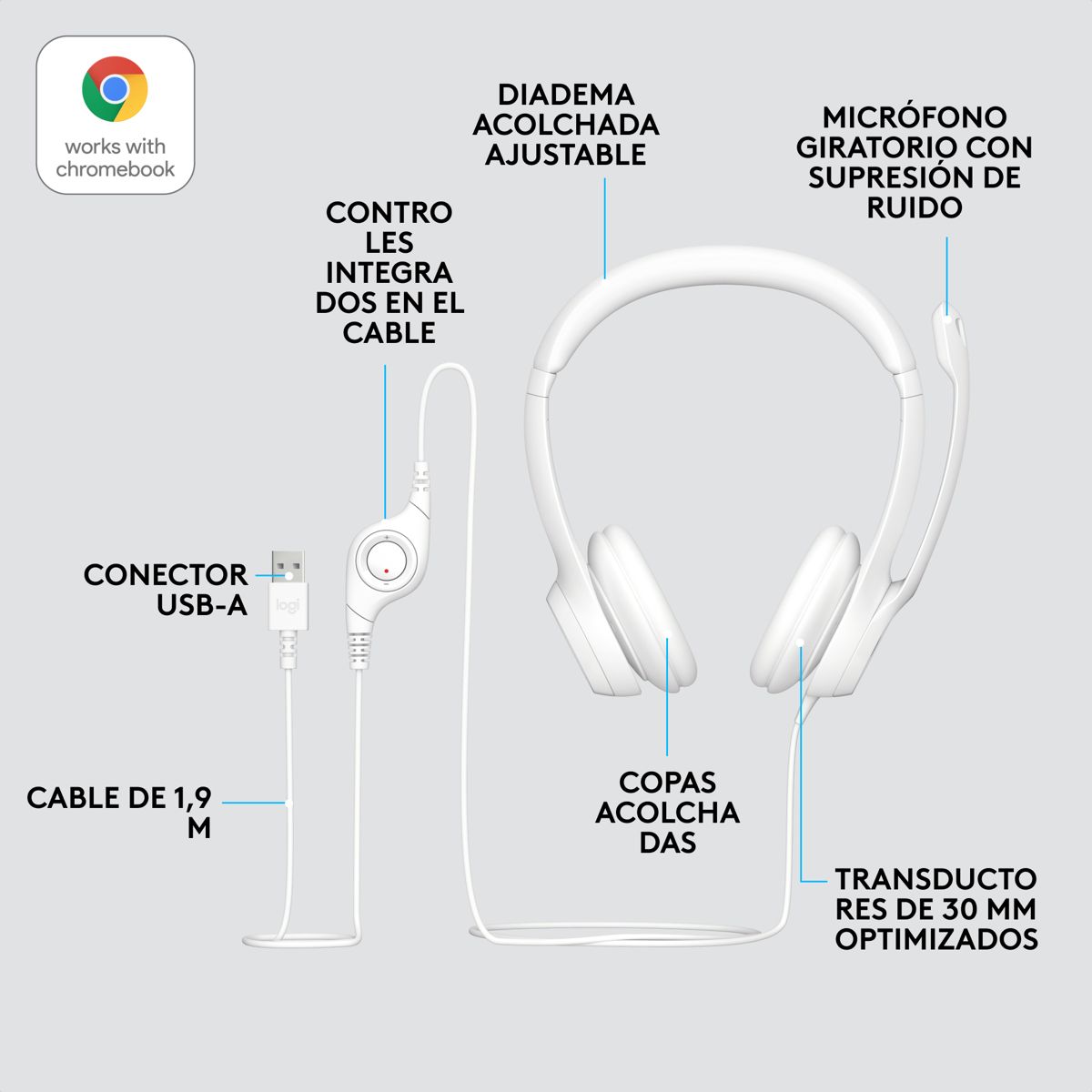 LOGITECH - Diadema Usb Logitech H390 Mic Sin Ruido Y Controles Blanco