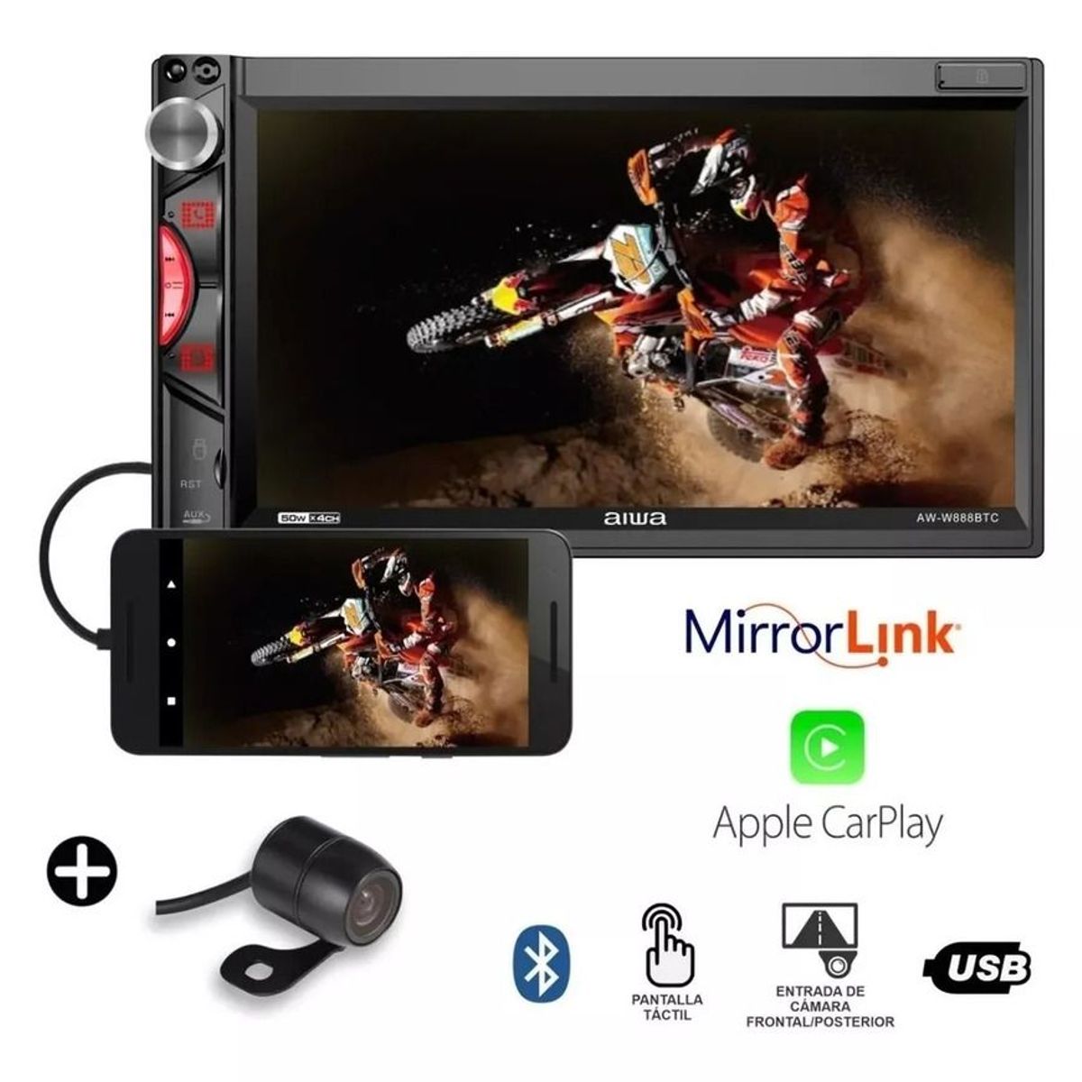 AIWA - Radio Carro Pantalla Tactil Mirrorlink Carplay y Camara Aiwa AW-888BTC