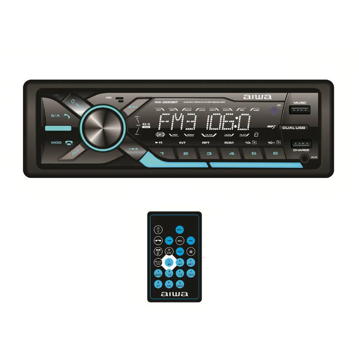 AIWA - Radio Carro Bluetooth USB SD AUX 7 Colores Desmontable Aiwa AW-3269BT