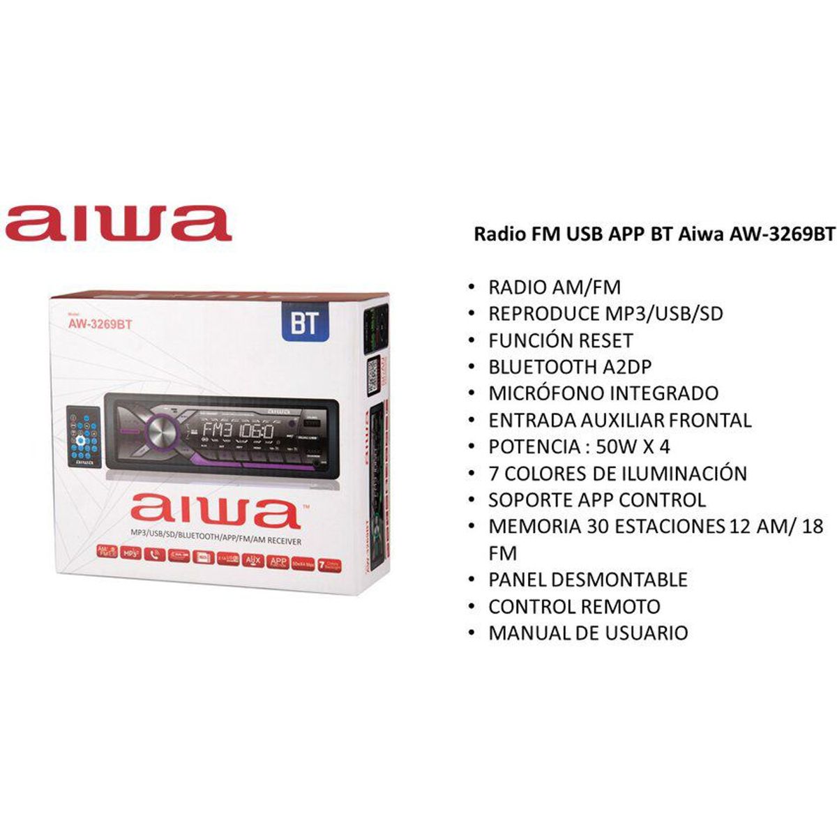 AIWA - Radio Carro Bluetooth USB SD AUX 7 Colores Desmontable Aiwa AW-3269BT