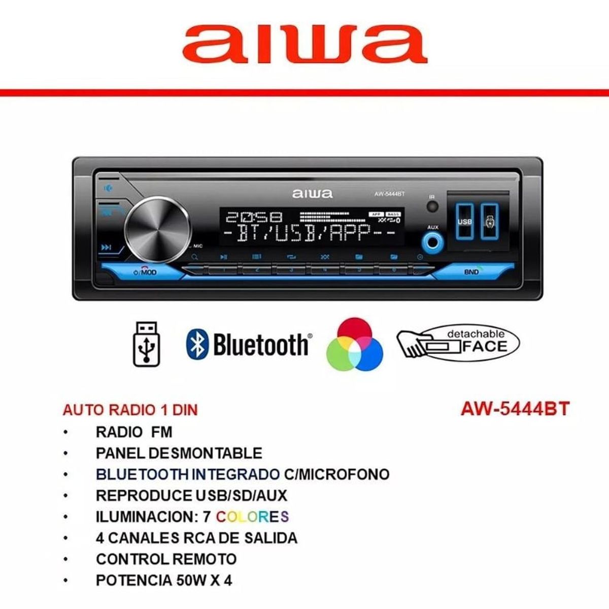 AIWA - Radio Carro Bluetooth APP USB AUX Desmontable 7 Colores Aiwa AW-5444BT