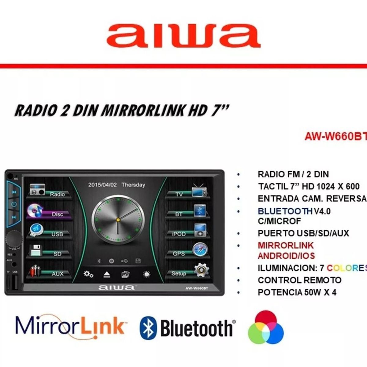 AIWA - Radio Carro Pantalla 7 Bluetooth Mirrorlink y Camara Aiwa AW-W660BT