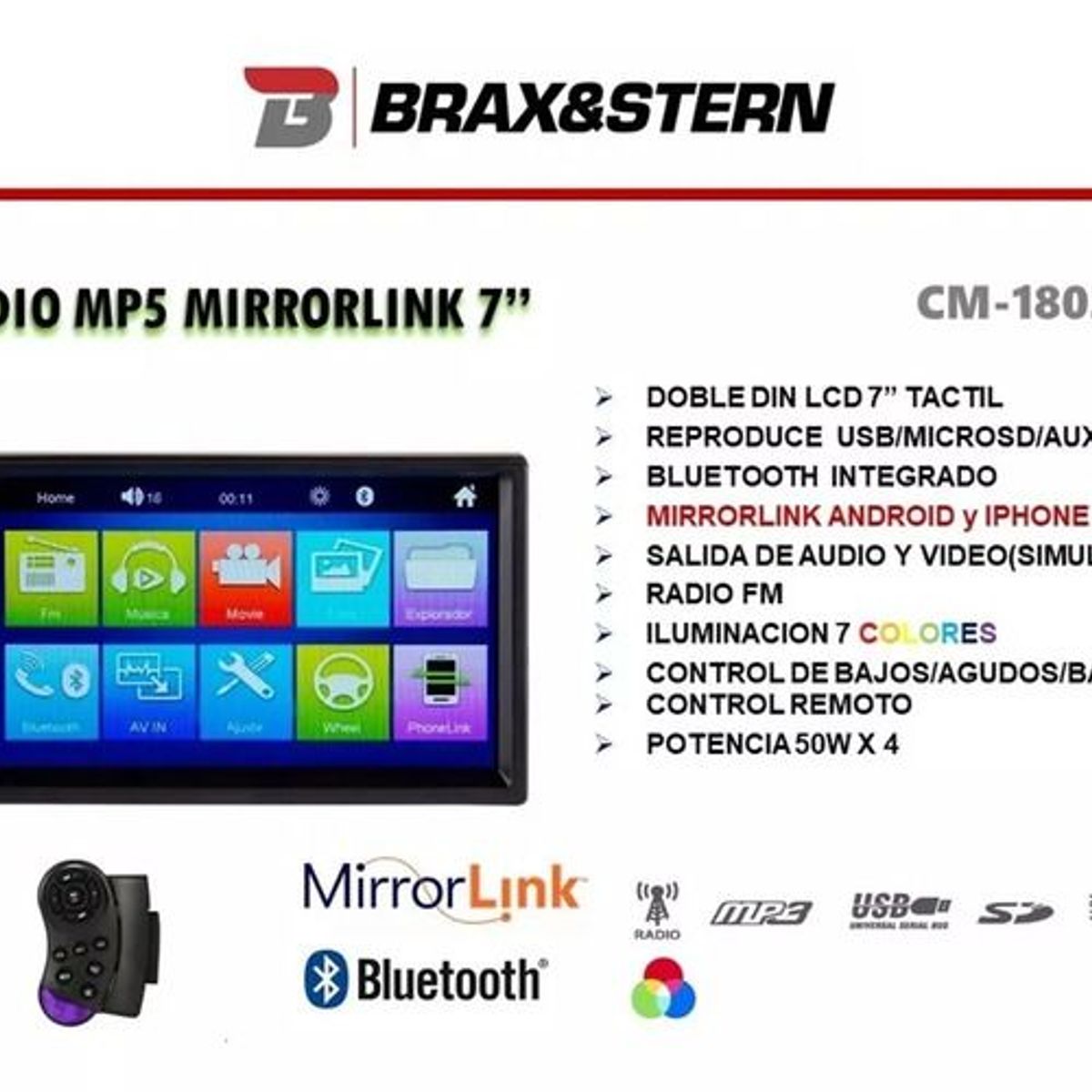B BRAX&STERN - Radio Carro Pantalla 7’ Mirrorlink Bluetooth USB BraxStern CM-1803MA