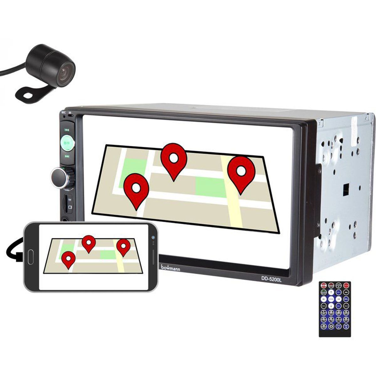 BOWMANN - Radio Carro Pantalla Bluetooth Mirrorlink  Camara Bowmann DD-5200L