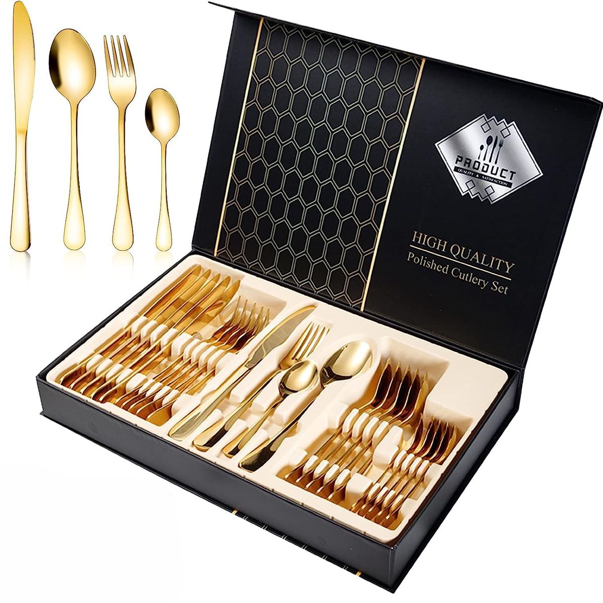 SUBE - Juego de cubiertos set 24 piezas acero inoxidable dorado