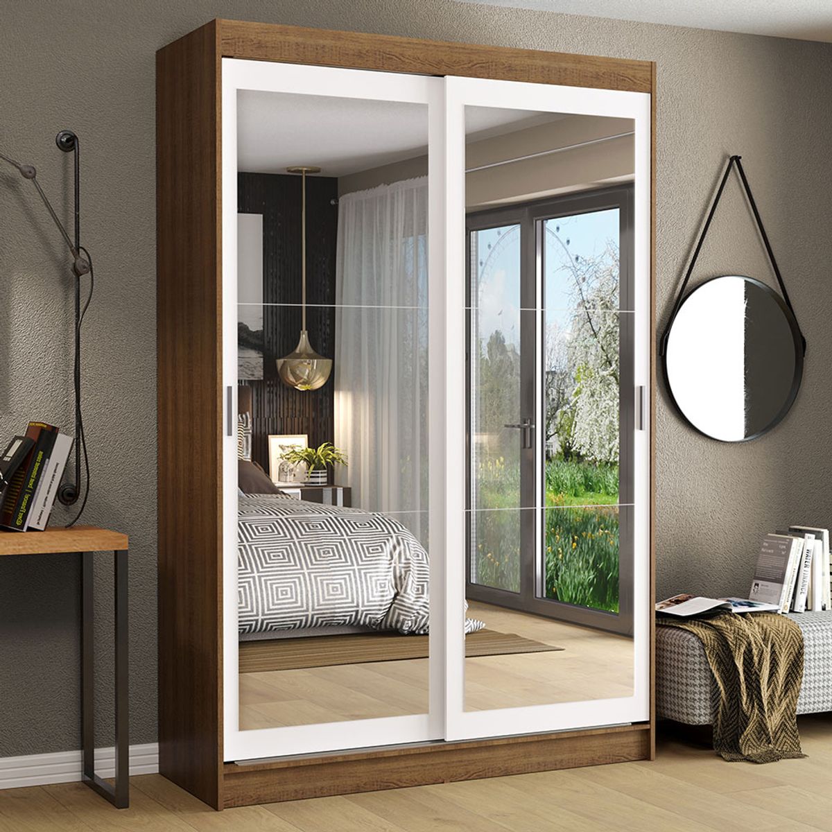 MADESA - Clóset Tokio 2 Puertas Corredizas con Espejos Marrón/Blanco 218 cm x 109 cm x 54 cm