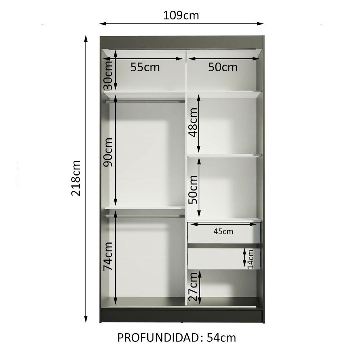MADESA - Clóset Tokio 2 Puertas Corredizas 1 Espejo Negro/Blanco 218 cm x 109 cm x 54 cm