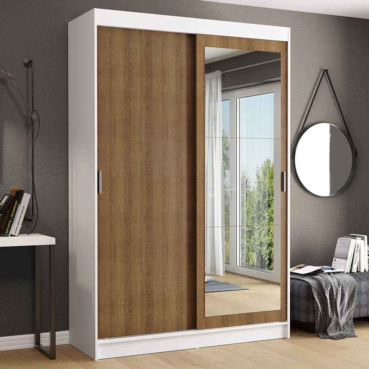 MADESA - Clóset Tokio 2 Puertas Corredizas 1 Espejo Blanco/Marrón 218 cm x 109 cm x 54 cm