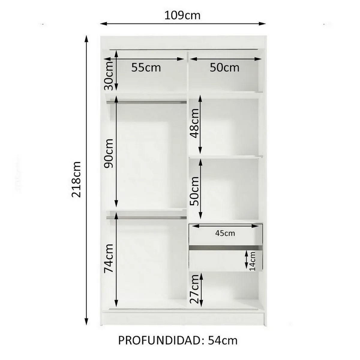 MADESA - Clóset Tokio 2 Puertas Corredizas 1 Espejo Blanco/Marrón 218 cm x 109 cm x 54 cm