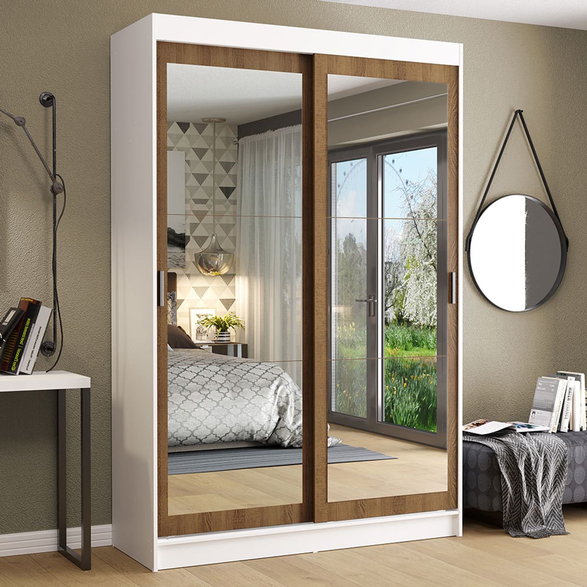MADESA - Clóset Tokio 2 Puertas Corredizas con Espejos Blanco/Marrón 218 cm x 109 cm x 54 cm