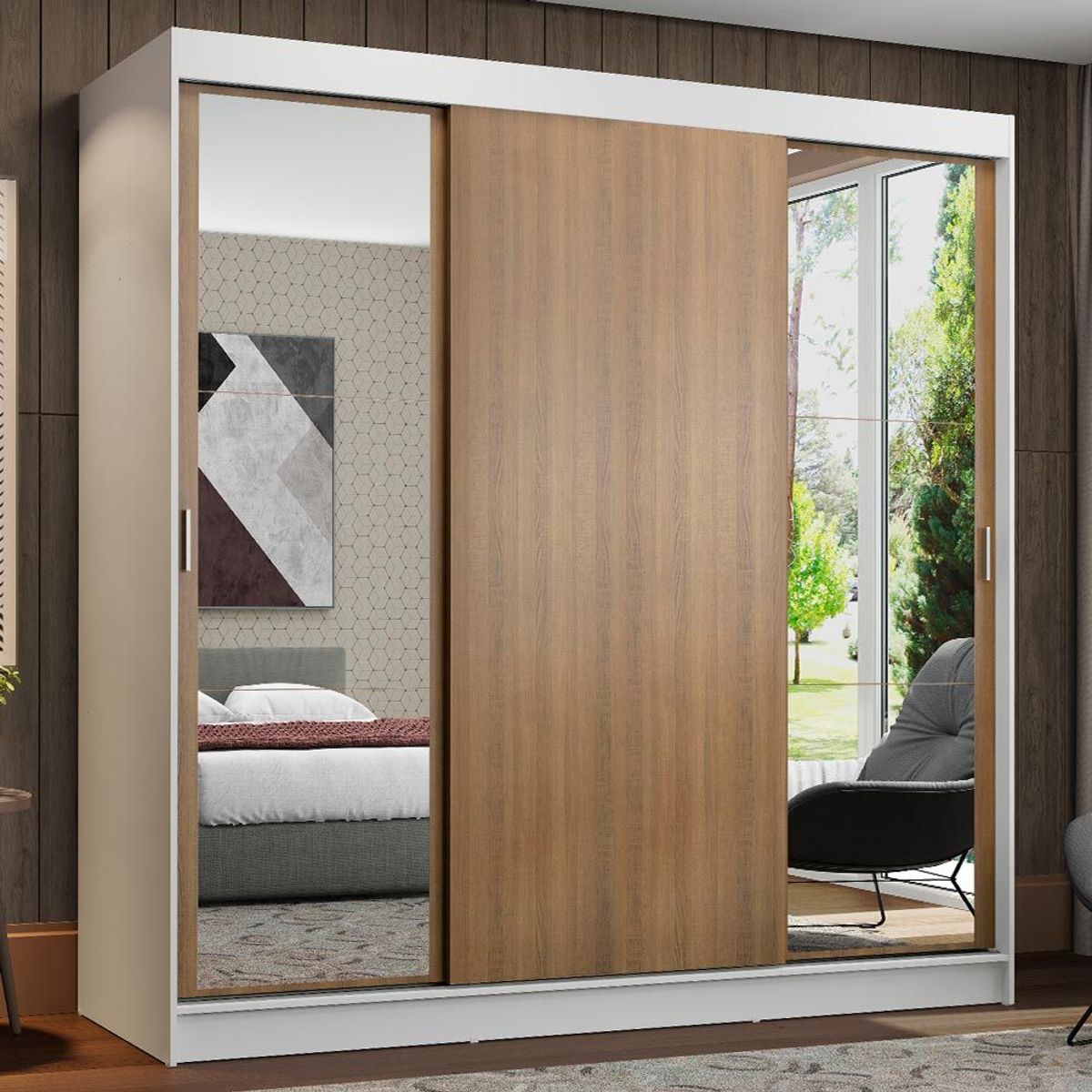 MADESA - Clóset Reno 3 Puertas Corredizas 2 Espejos Blanco/Marrón 180 cm x 205 cm x 54 cm