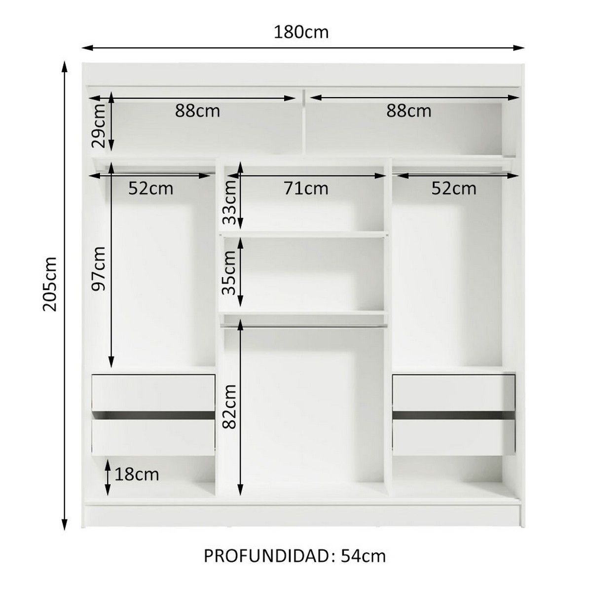MADESA - Clóset Reno 3 Puertas Corredizas 2 Espejos Blanco/Marrón 180 cm x 205 cm x 54 cm