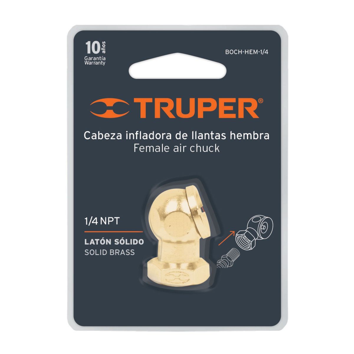 TRUPER - Cabeza Infladora De Llantas En Latón, Rosca 1/4 Npt, Hembra Truper