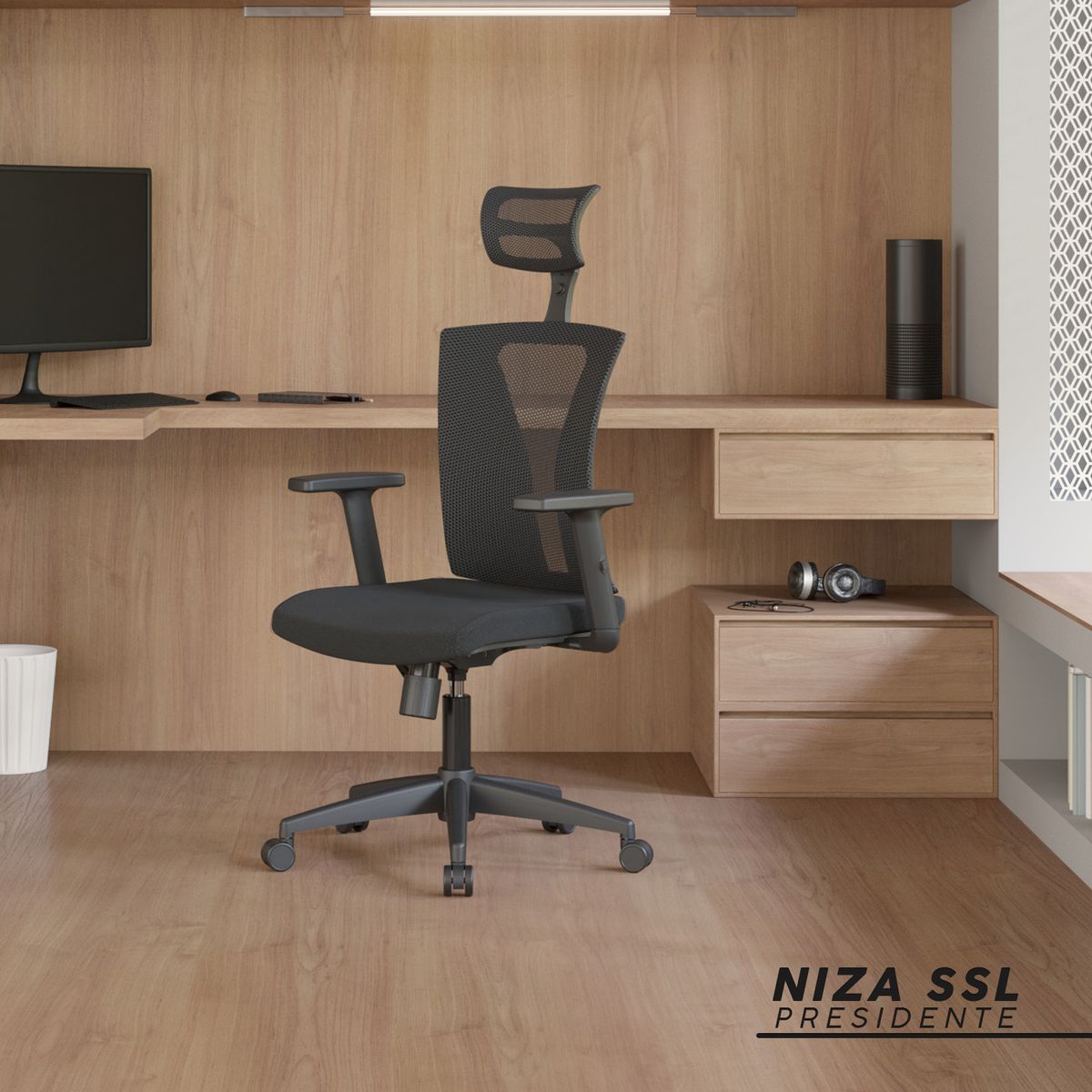 BONNO - Silla Ergonómica Niza Con Cabecero Sin Soporte Lumbar Negro