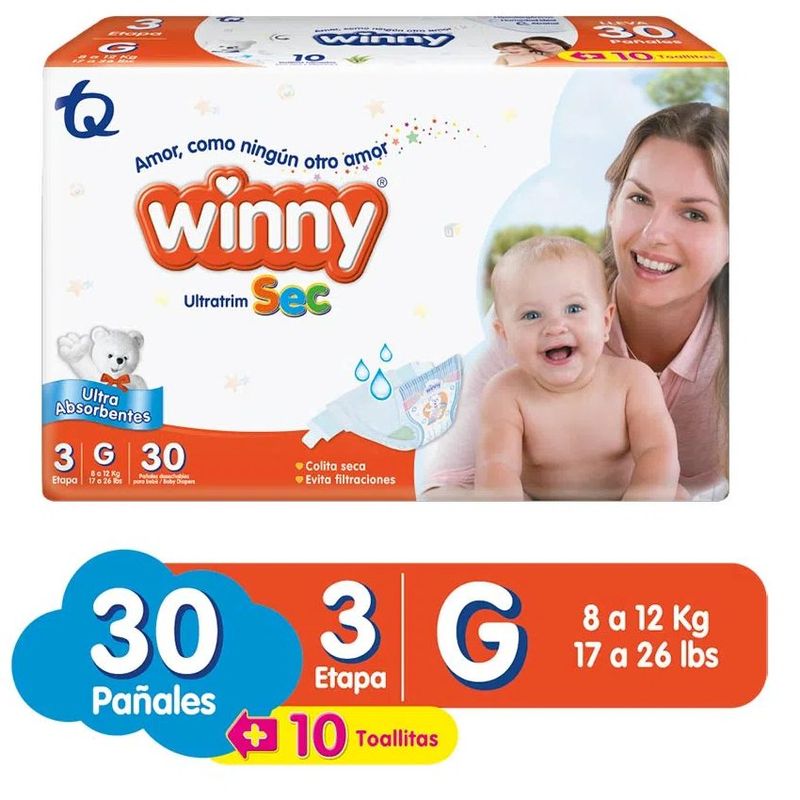 WINNY - Pañal Winny Ultratrim Sec Etapa 3 x 30 Und Gratis Toallitas