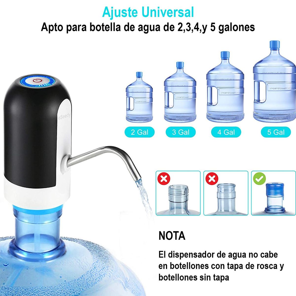 GENERICO - Dispensador De Agua Eléctrico Recargable USB Bomba Válvula Universal