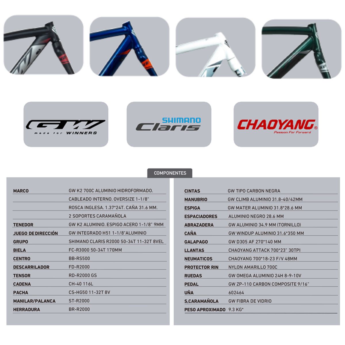 GW - Bicicleta Ruta GW K2 Rin 700 Shimano Claris 8 vel talla M