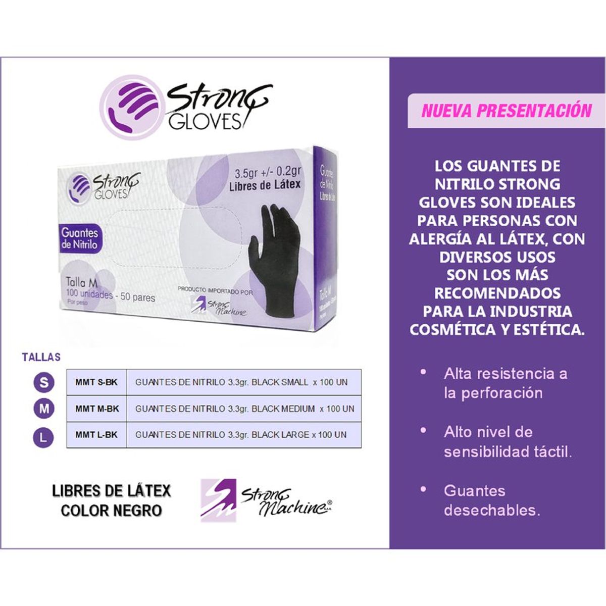 STRONGCASE - Guantes De Nitrilo Libre De Latex Talla M Strong Gloves Color Negro