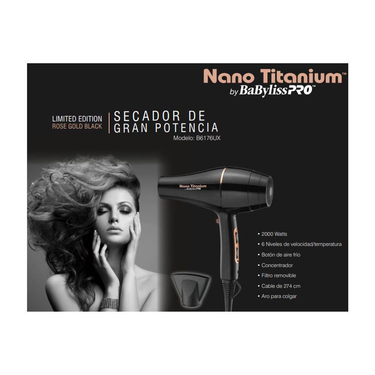 BABYLISS - Secador Profesional Babyliss Nano Titanium Rose Gold Black