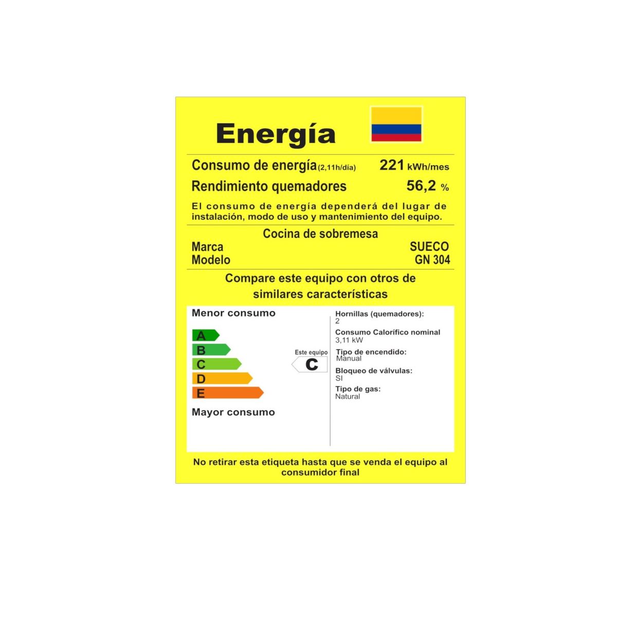 SUECO - Estufa a Gas Natural 2 Puestos Sueco