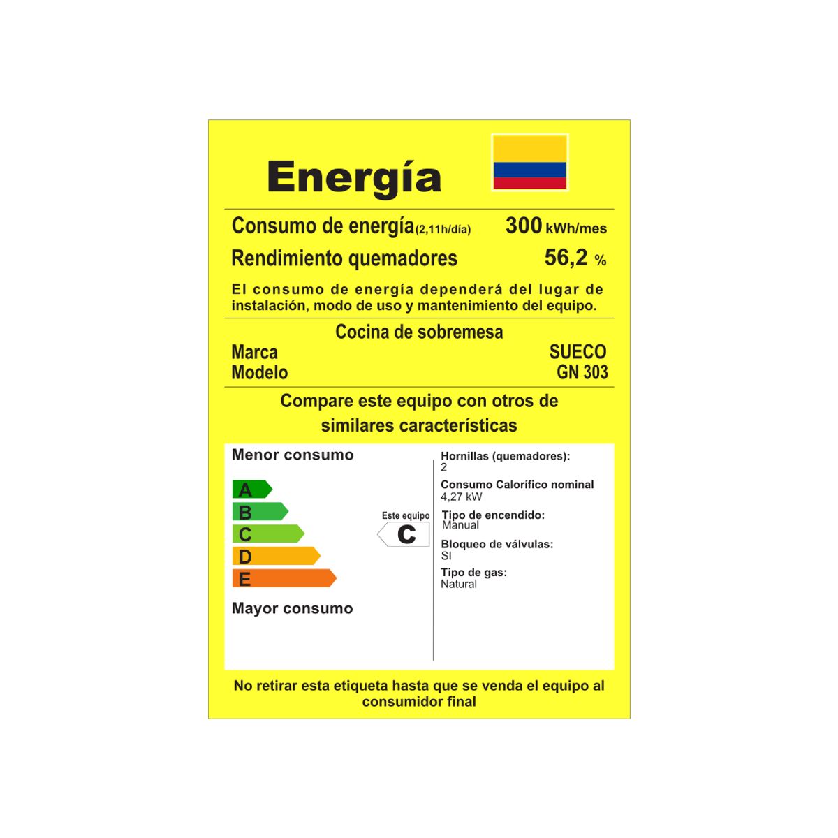 SUECO - Estufa a Gas Natural 2 puestos Quemador Rapido y Semirapido