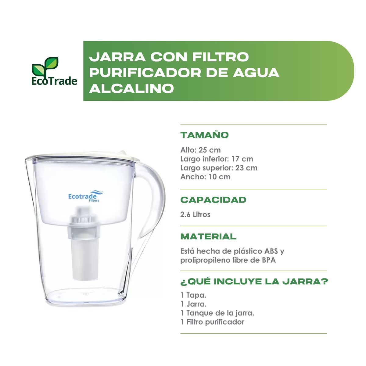 ECOTRADE FILTERS - Jarra Purificadora De Agua Alcalina mas 2 Repuestos Ecotrade