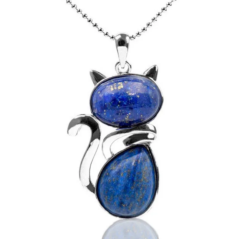 DAYOSHOP - Collar Gato Cuarzo Lapislazuli Cadena Acero Mas Estuche