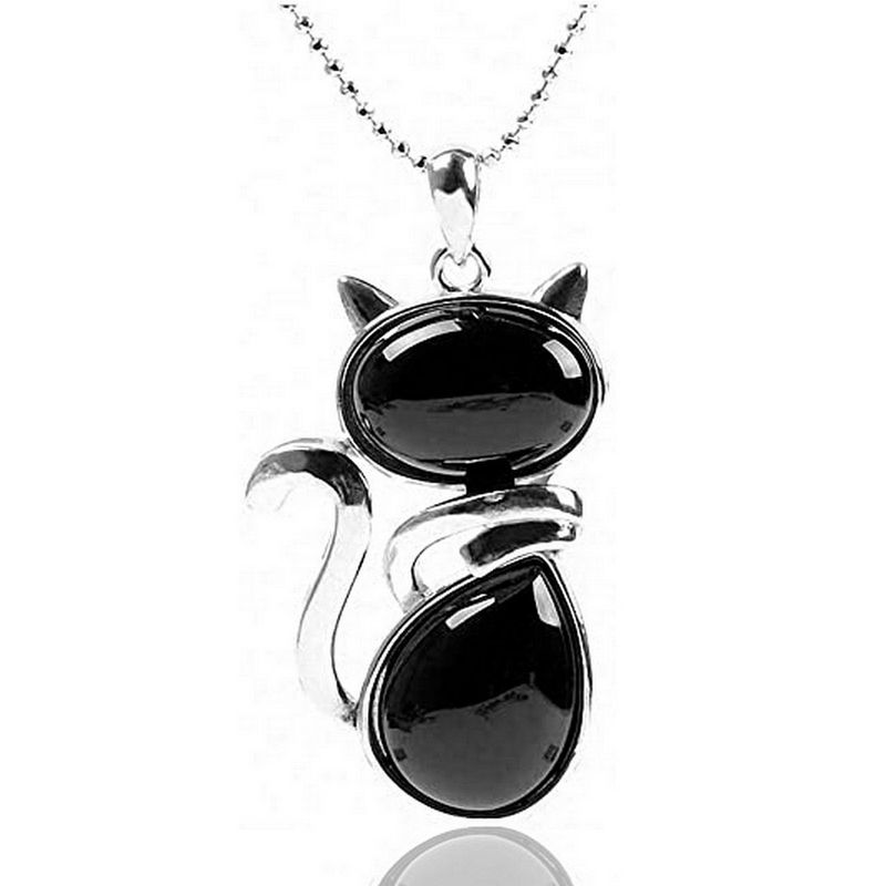 DAYOSHOP - Collar Gato Cuarzo Onix Cadena Acero Mas Estuche