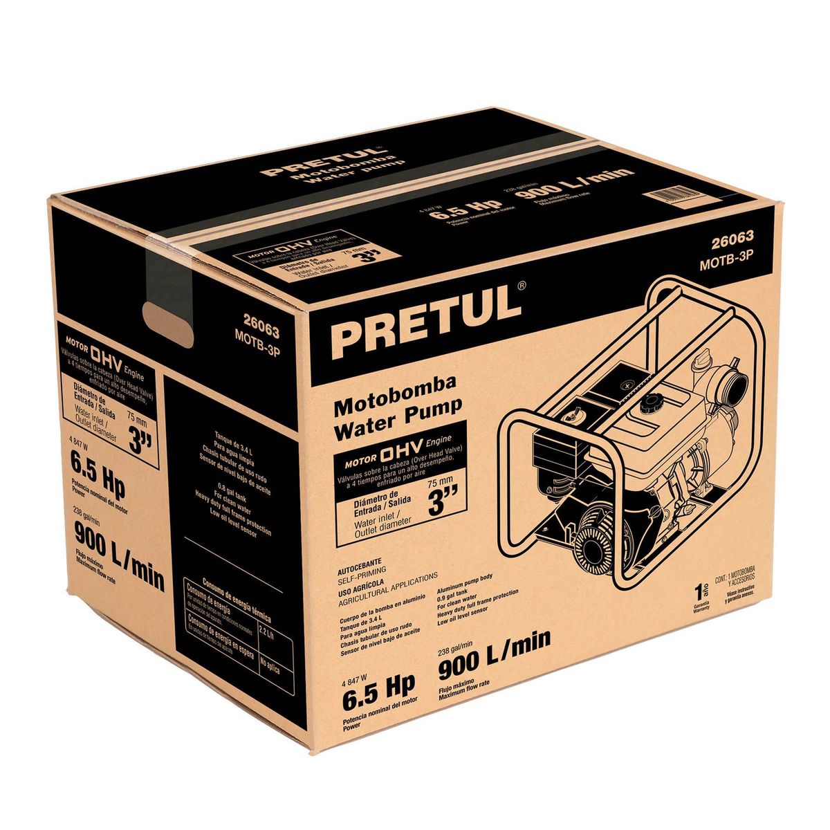 PRETUL - Motobomba A Gasolina 6.1/2 Hp, 900 L/min De 3", Autocebante Pretul