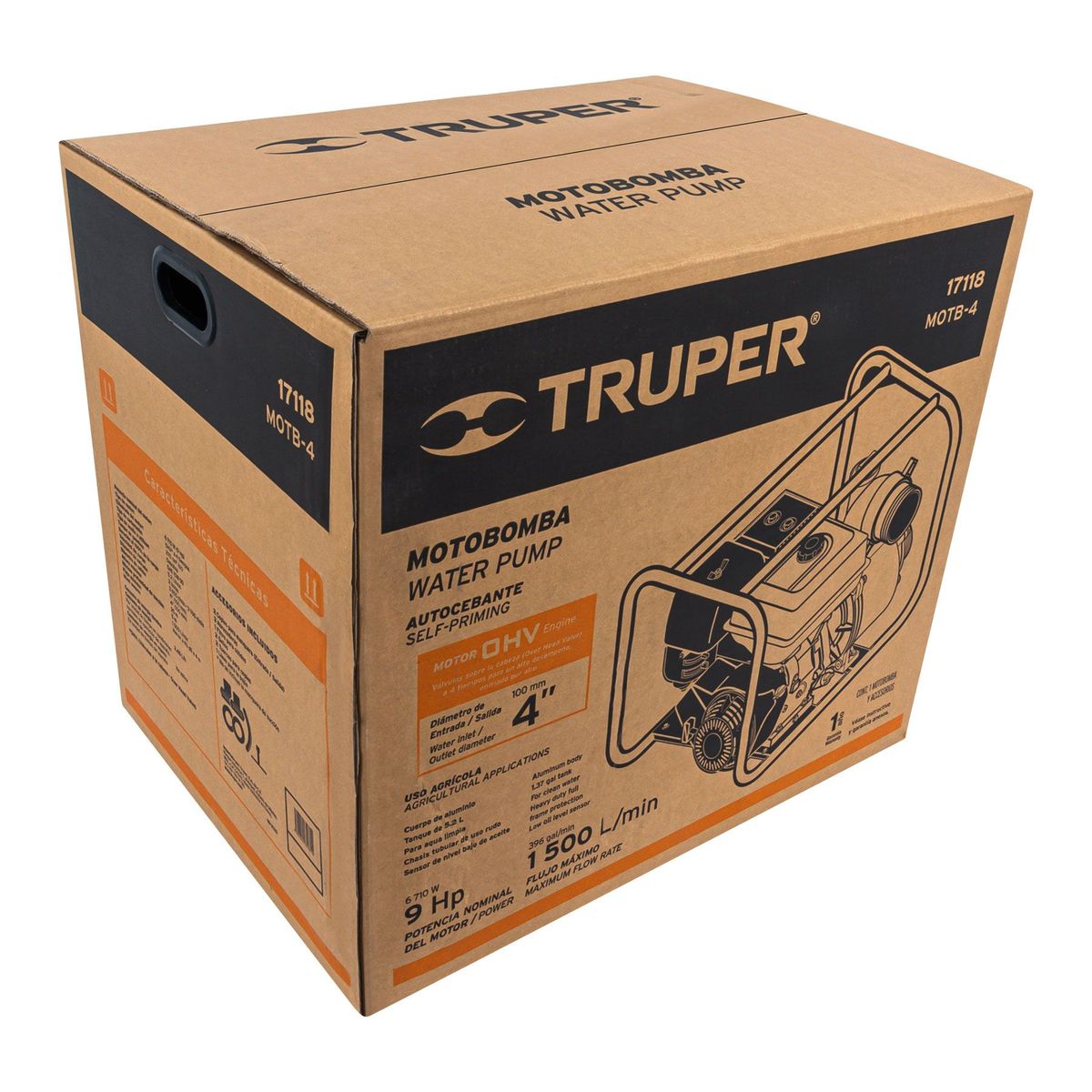 TRUPER - Motobomba A Gasolina 9 Hp, 1.500 L/min De 4", Autocebante Truper
