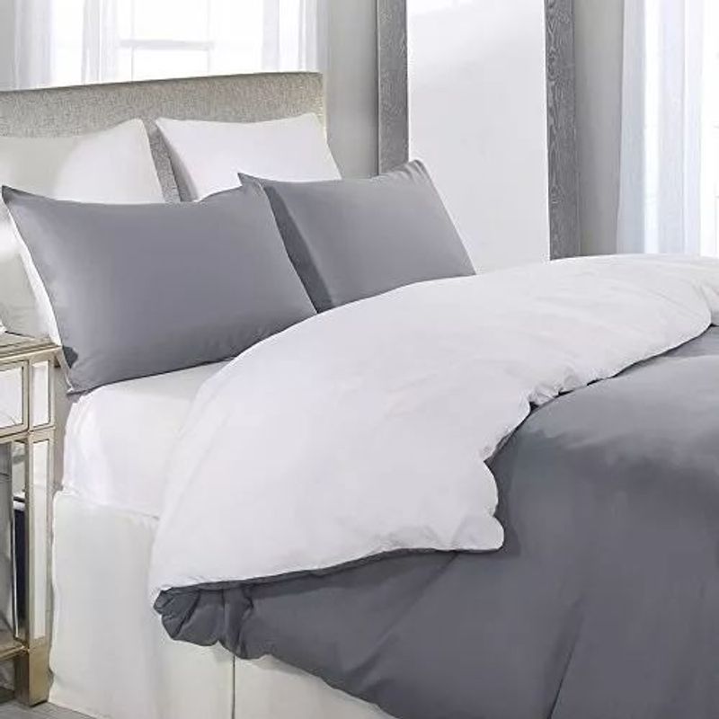 HAPPY BEAR - Set Duvet Plumon Doble Y Sabana Ajustable Microfibra Gris Blanco Liso
