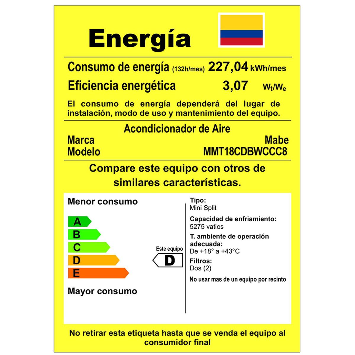 MABE - Aire acondicionado convencional 18000 btus blanco mabe-mmt18cdbwccc8