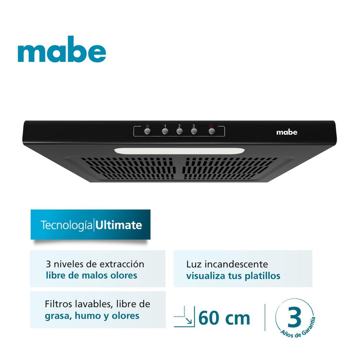MABE - Campana turbina extractora mabe 3 velocidades cm6035nv0 de 60 cm