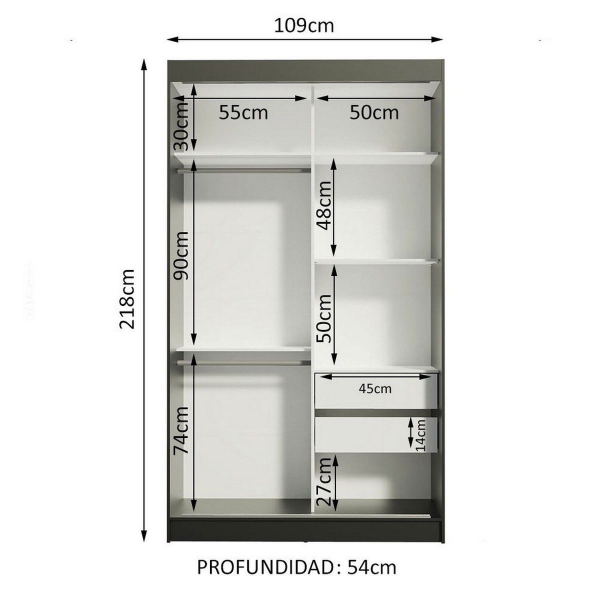 MADESA - Clóset Tokio 2 Puertas Corredizas 2 Cajones Negro 218 cm x 109 cm x 54 cm
