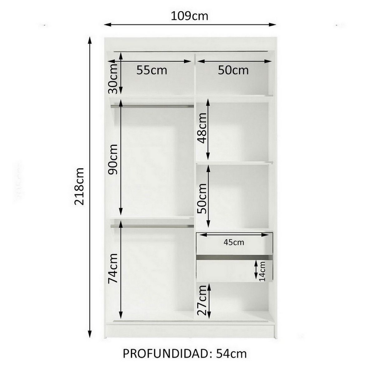 MADESA - Clóset Tokio 2 Puertas Corredizas 2 Cajones Blanco 218 cm x 109 cm x 54 cm