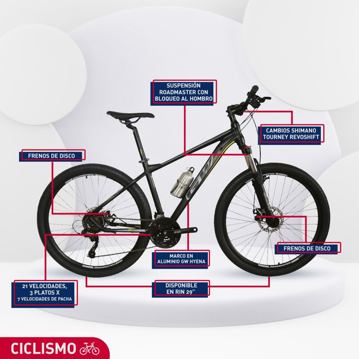 GW - Bicicleta Gw Hyena Shimano M R29 21 Velocidades Negro._.